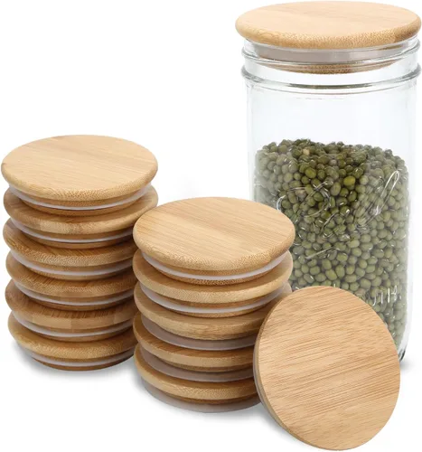 Vista 11 de Paquete de 6 tapas para frascos Mason de boca regular, tapas reutilizables para enlatado, tapas para frascos Mason de madera de acacia con sello
