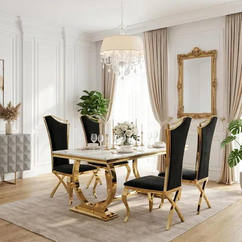 Vista 17 de ACEDÉCOR Juego de mesa de comedor de 5 piezas, mesa de comedor moderna con base en U de metal de acero inoxidable dorado, 4 sillas de comedor