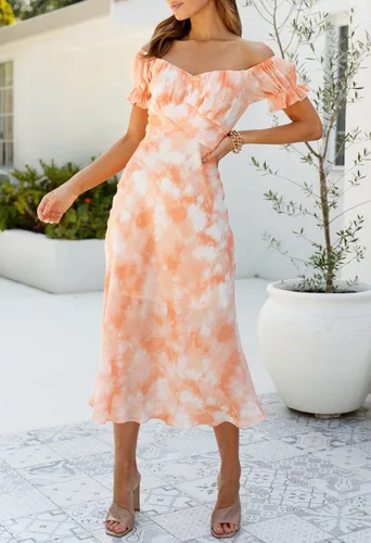 Vista 3 de Linsery - Vestido largo con hombros descubiertos para mujer, cóctel, fiesta, boda, formal, vestido por debajo de la rodilla, con vuelo