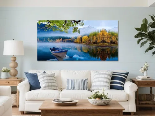 Vista 2 de Arjun Lienzo decorativo para pared, diseño de lago y montaña, cielo, naturaleza, paisaje, barco, ilustración, pintura escénica moderna, enmarcada