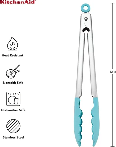 Vista 4 de KitchenAid Pinzas de acero inoxidable con punta de silicona, 12 pulgadas, Aqua Sky