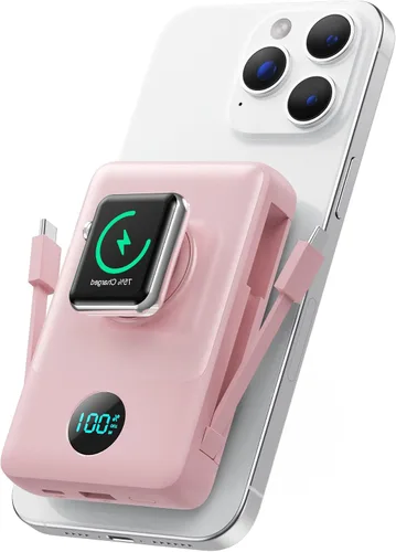 Vista 11 de Cargador portátil magnético para MagSafe con cable integrado, cargador para iWatch, banco de energía inalámbrico de 10800mAh, artículos esenciales