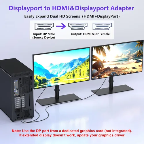 Vista 2 de Adaptador DisplayPort a HDMI, divisor de puerto de pantalla 4K a 60Hz para monitores duales, pantalla extendida, divisor DP a DP/HDMI 1 en 2