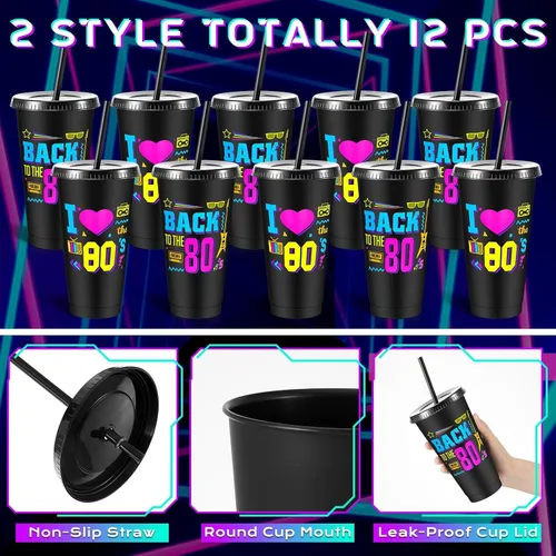 Vista 3 de Uiifan 12 vasos de plástico reutilizables de 24 onzas con tapa y popote para fiestas de los años 80, para decoración de fiestas de los 80