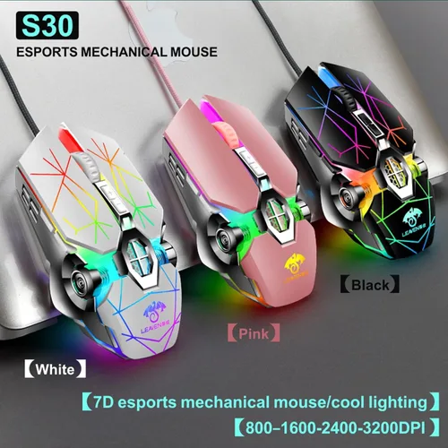Vista 4 de Mouse para juegos con cable, USB óptico para computadora con retroiluminación RGB, 7 DPI ajustables hasta 3200, mouse ergonómico para computadora