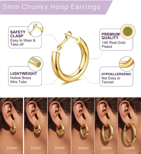 Vista 4 de wowshow Aretes de aro gruesos Howllow chapados en oro de 14 quilates para mujer