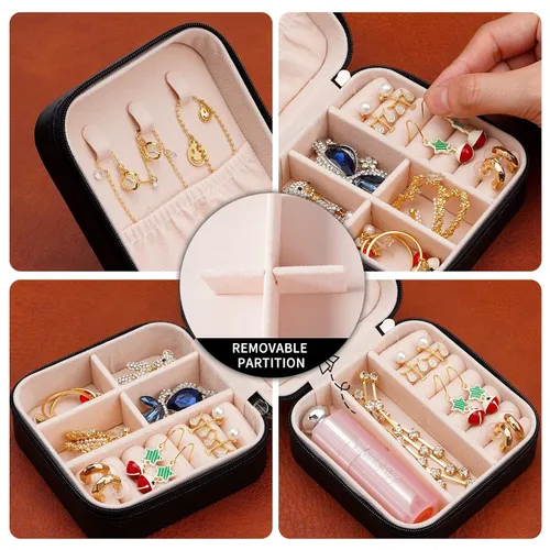 Vista 5 de Mini joyero portátil de viaje de cuero para joyas, organizador de anillos, caja de regalo de almacenamiento, para niñas y mujeres (negro).