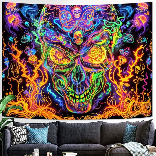 Vista 12 de Kanuyee Tapiz de luz negra de neón para colgar en la pared, bosque encantado, cascada, tapices para dormitorio, tapices UV, para colgar en la pared