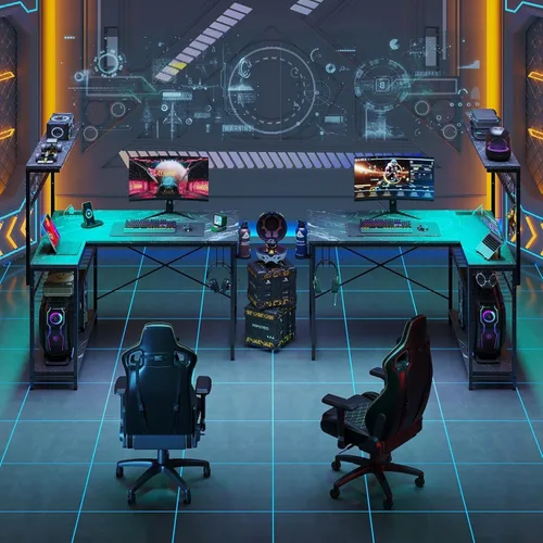 Vista 7 de Bestier Escritorio de juegos en forma de L de 42 pulgadas, escritorio para computadora con tomas de corriente y luz LED, escritorio reversible