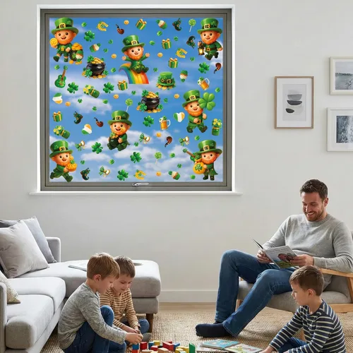 Vista 6 de WALPLUS Decoración de primavera para el Día de San Patricio, de doble cara, reutilizable, despegar y pegar, extraíble para ventana de duende