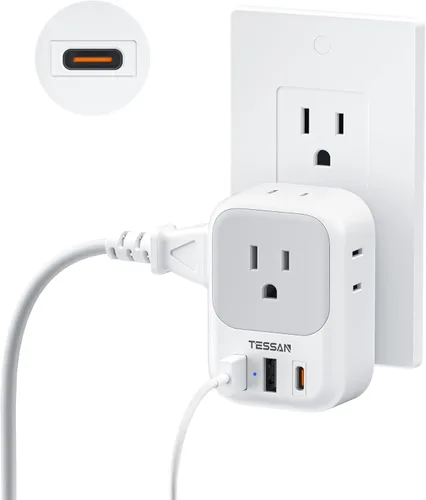 Vista 8 de TESSAN Bloque de cargador USB C de 20 W PD, adaptador de carga rápida con enchufe plegable, extensor de toma de corriente de 1875 W (4 CA y 4 USB)
