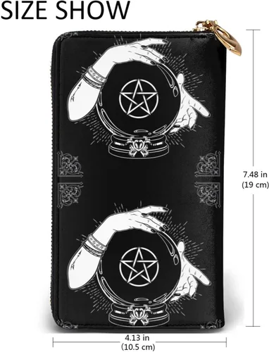 Vista 6 de Cartera larga con cremallera para mujer, con bola de cristal mágica, pentagrama, bruja, tarjetero grande para tarjetas de crédito