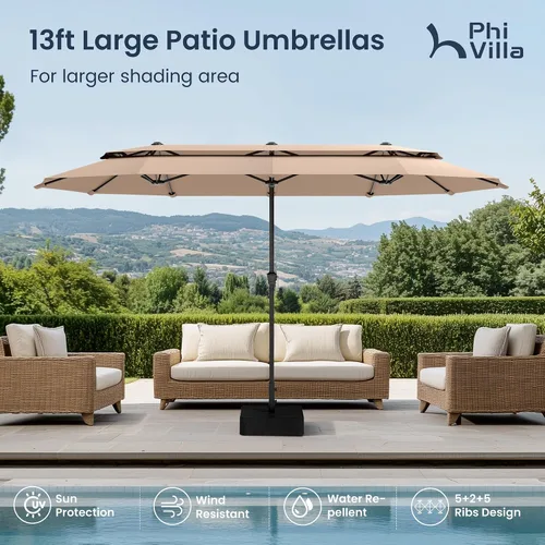 Vista 3 de PHI VILLA Sombrillas para patio al aire libre de 13 pies con base incluida, sombrilla rectangular de doble cara de 2 niveles para exteriores