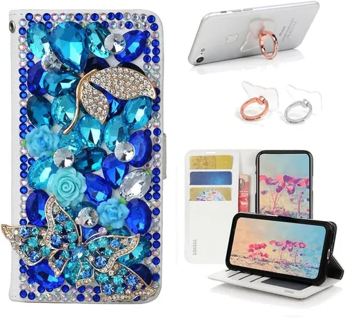 Vista 10 de Bling - Funda tipo cartera compatible con iPod Touch 5 y iPod Touch 6, elegante funda de piel con diseño de mariposas y flores 3D hechas a mano