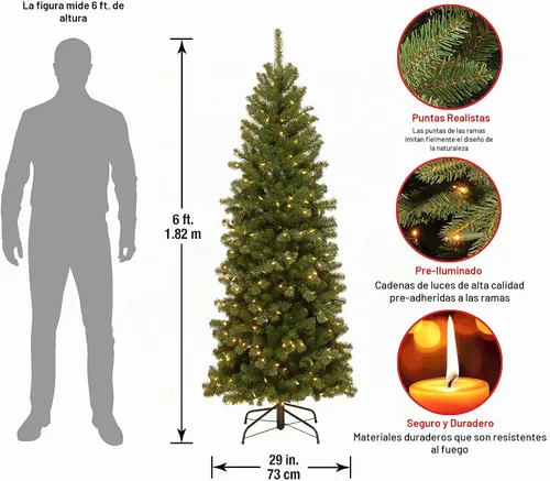 Vista 3 de National Tree Company - Árbol de Navidad artificial preiluminado, verde, de abeto de North Valley, luces blancas, incluye soporte, 6 pies