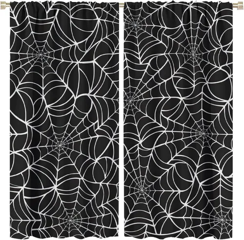 Vista 62 de Cortinas opacas de tela de araña aterradora para niños, tela de araña en blanco y negro, fondo rojo, dormitorio de niños, guardería, decoración