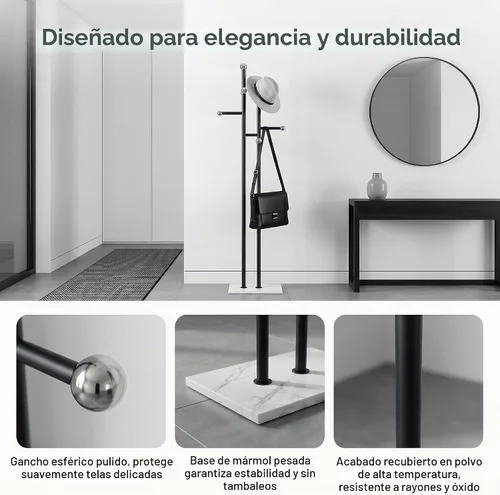 Vista 4 de Perchero de dormitorio independiente, base de mármol blanco Negro y blanco