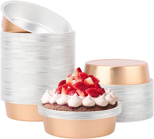 Vista 28 de Beasea Paquete de 100 moldes desechables para hornear de 4 pulgadas, 7.3 onzas, 7.3 fl oz / 215ml, papel de aluminio, mini ramequín sin tapas