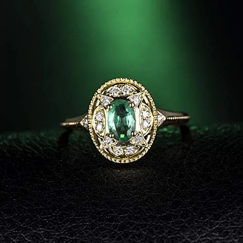 Vista 3 de Anillo de oro amarillo de 14 quilates con diamantes naturales de esmeralda para mujer, compromiso de compromiso de boda, aniversario de promoción