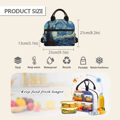 Vista 7 de doginthehole Bolsa de almuerzo de noche estrellada para mujeres y niñas, bolsa de almuerzo con correa ajustable para el hombro con estampado