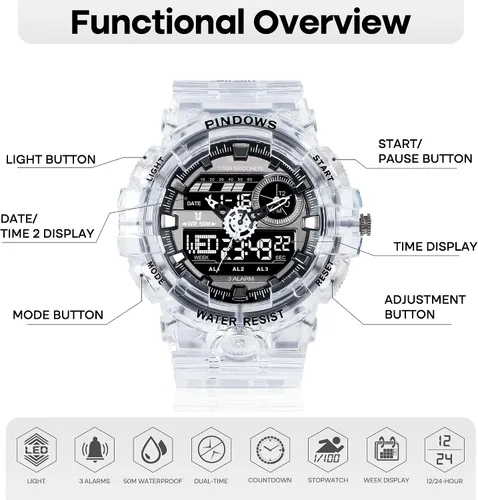 Vista 2 de PINIDOUS Reloj deportivo digital para hombre, reloj deportivo dorado, resistente al agua, con 3 alarmas, cuenta atrás, cronómetro, digital