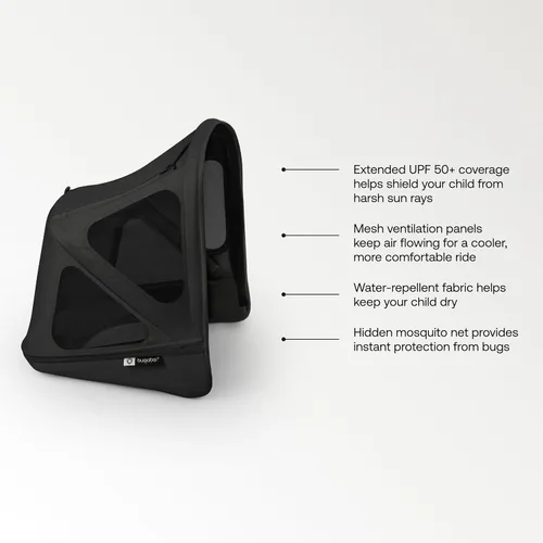 Vista 3 de Bugaboo Toldo para el sol con mosquitera para cochecitos de canguro y zorro, color cereza oscuro Paneles de ventilación, tejido UPF 50+, repelente