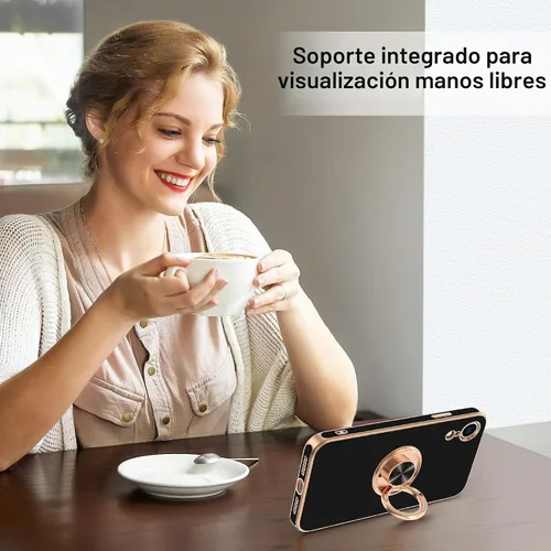 Vista 7 de Hython Funda para iPhone XR con soporte de anillo [soporte de anillo giratorio de 360° con soporte magnético] chapado en oro rosa brillante borde