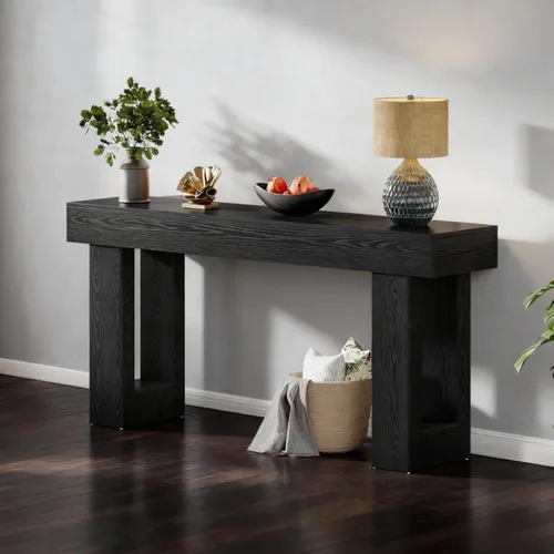 Vista 14 de Mesa de consola de entrada, sofá largo estrecho para pasillo, mesa de vestíbulo detrás del sofá, retro con cajón oculto, toma de corriente lateral