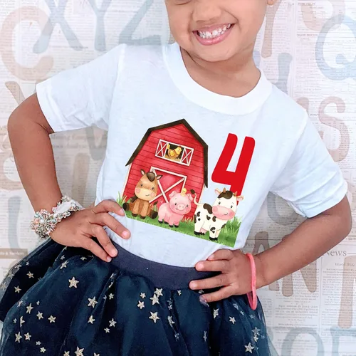 Vista 5 de Barnyard - Camisa de cuarto cumpleaños de animales de granja, camisa de cumpleaños de 4 años, camisa de cumpleaños de granja para fiesta