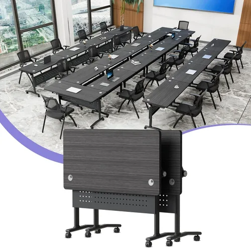 Vista 11 de Mesa de conferencias plegable con ruedas, mesa modular para sala de conferencias con 2 ojales para cables, mesas móviles de sala de reuniones