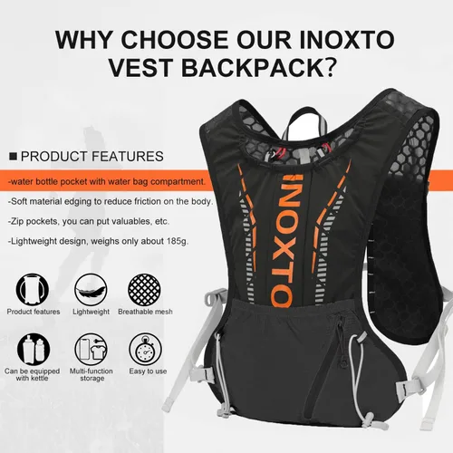 Vista 2 de INOXTO - Mochila de hidratación para correr, ligera, aislada, con bolsa de agua de 1.5 L, mochila para senderismo, correr, ciclismo, carrera