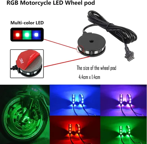 Vista 2 de Juego de 2 luces LED RGB para rueda de motocicleta con control remoto inalámbrico RF de 4 teclas, impermeable, multicolor, luz de neón