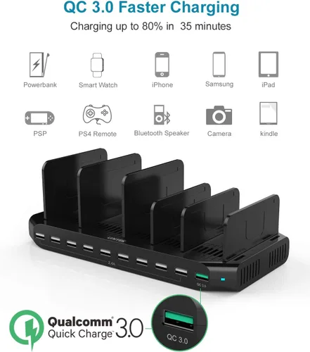 Vista 4 de Unitek Estación de carga rápida con carga rápida 3.0, estación de carga múltiple USB para múltiples dispositivos, iPhone, iPad, tableta, Kindle