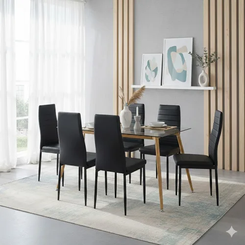Vista 21 de Juego de sillas de comedor de 6 piezas, cuero sintético negro moderno, respaldo alto tapizado, marco de acero, cocina cómoda, muebles de comedor