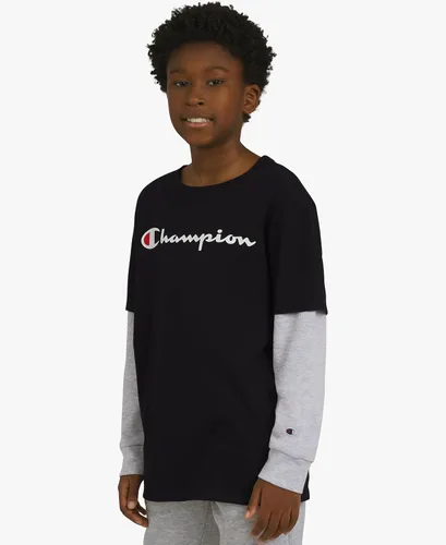 Vista 4 de Champion Camiseta Heritage para hombre, con texto en el pecho izquierdo