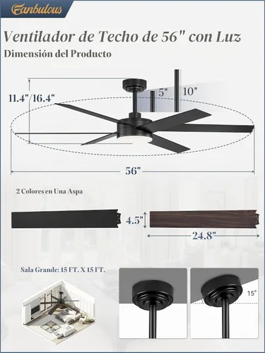 Vista 6 de Fanbulous Ventiladores de techo de 56 pulgadas con luces y control remoto, 6 aspas reversibles, regulables, 3000K-6000K ajustables, ventiladores