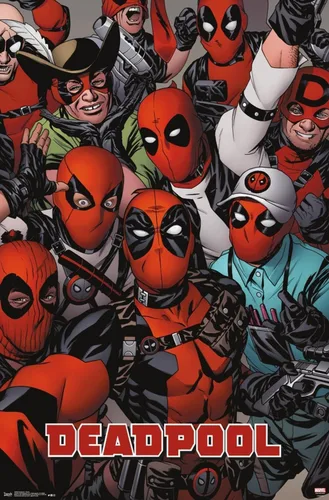 Vista 16 de Marvel Comics Deadpool - Póster de pared con caras, 22.4 pulgadas de largo x 14.7 pulgadas de ancho, versión enmarcada de madera de granero