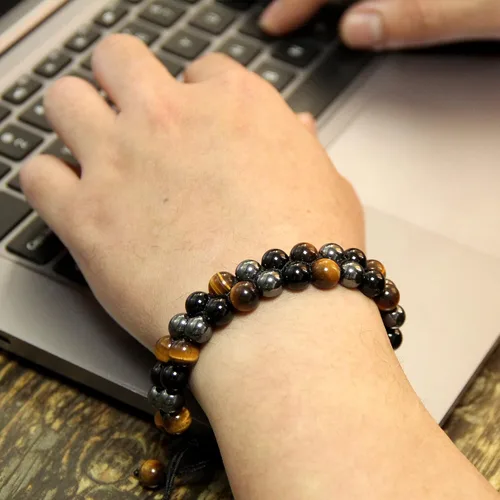 Vista 7 de Xrunhua Triple Protection Crystal Bracelet for Men Women Genuine Tigers Eye Obsidian Black Onyx Hematite Lava Rock Beaded Bracelets Bring Luck and