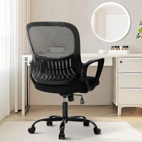 Vista 9 de Sweetcrispy Silla de escritorio para computadora de oficina, ergonómica, de malla con respaldo medio, giratoria, con ruedas, cómodo soporte lumbar