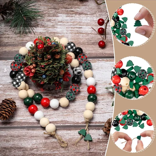 Vista 3 de Cuentas de madera de Navidad de 0.63 pulgadas, cuentas de madera rústicas de granja y cuentas en forma de árbol de Navidad de 0.47 pulgadas