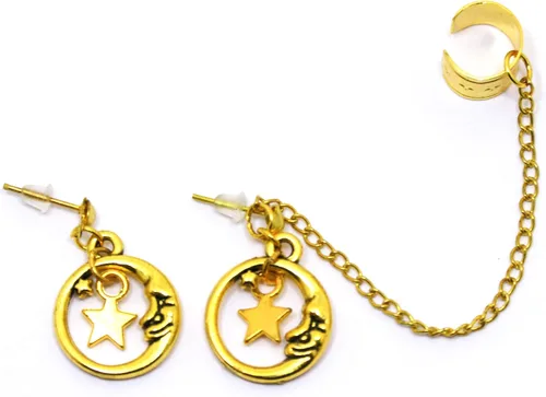 Vista 4 de Gold moon ear cuff Handmade celestial stars earrings fake cartilage cuffs half moon dangling ear wrap crescent boho Valentines jewellery gift