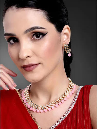 Vista 2 de Aheli Juego de collar y aretes de estilo indio de Bollywood, joyería tradicional étnica para mujer