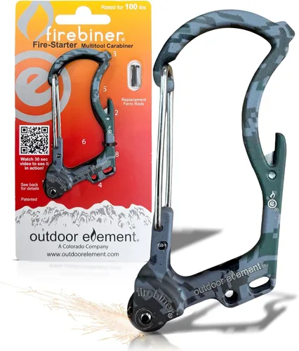 Vista 10 de OUTDOOR ELEMENT Firebiner 6-en-1 - Mosquetón Iniciador de Fuego EDC Multiherramienta de Emergencia - Llavero, Cuchilla Utilitaria, Abrebotellas y Más