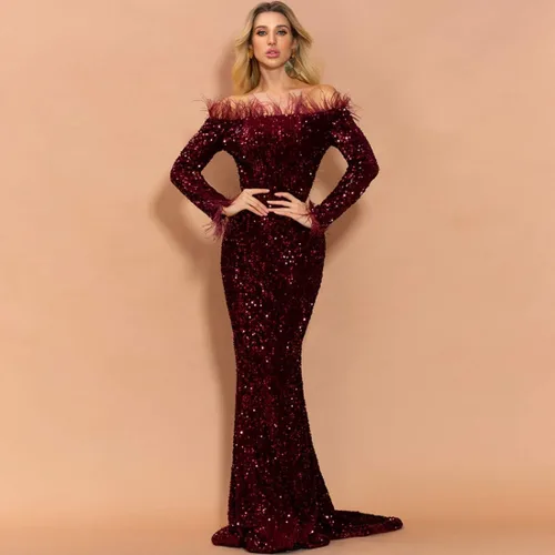 Vista 2 de Vestido de noche para mujer largo hasta el suelo sin hombros sin espalda de manga larga con plumas y lentejuelas para fiestas y matrimonios