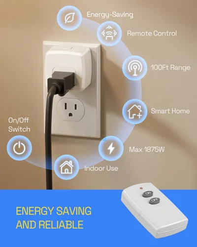 Vista 3 de HBN Enchufe de control remoto, interruptor remoto con señal RF de 100 pies, interruptor de luz remoto inalámbrico, interruptor de encendido
