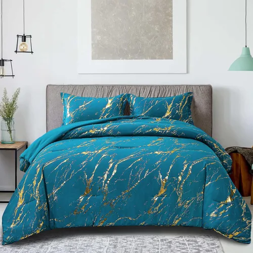 Vista 11 de WONGS BEDDING Juego de edredón de mármol metálico negro dorado Queen con estampado de lámina brillante y purpurina, juegos de ropa de cama con 2