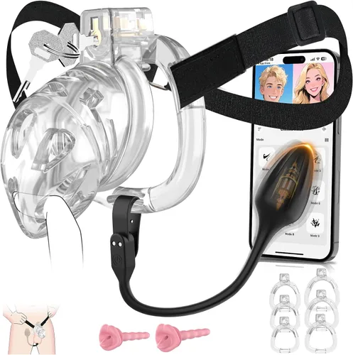 Vista 12 de Jaula de Castidad Masculina - Jaula de Pene Suave y Ligera con Anillos de 6 Tamaños, Correa Negra, Vibrador Controlado por App, Cómodo Dispositivo