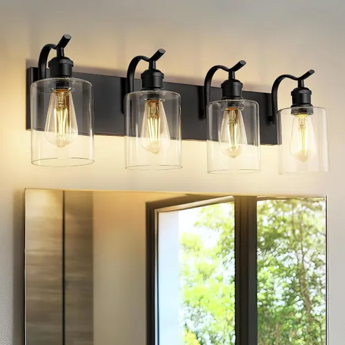 Vista 13 de Lámpara de tocador de baño de 3 luces, aplique de pared de níquel cepillado, lámpara de baño moderna con vidrio transparente, VL01BN-3 Níquel