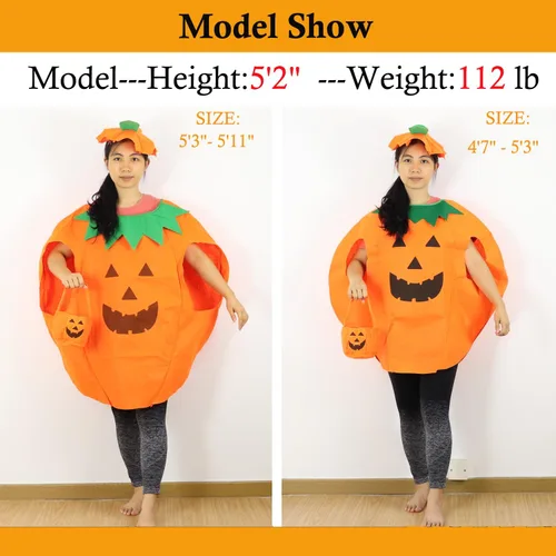 Vista 3 de Disfraz de calabaza para adultos, 3 piezas de Halloween, unisex, ropa de fiesta de disfraces de calabaza con un sombrero, una bolsa