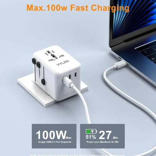 Vista 3 de VYLEE PD100W GaN Adaptador de Viaje Universal, Adaptador de Corriente Internacional Todo en Uno, 3 USB C y 1 USB A y Salida de CA, Adaptador